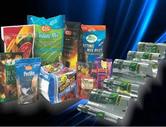 Printed garden-product bags and pouches beside rolls of printed metallised film
